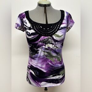 Wrapper Purple and Black Abstract Blouse Stretchy Crochet neckline Size M